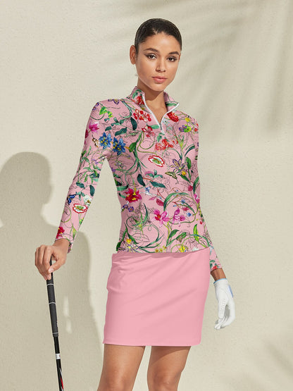 Langärmliges Damen Poloshirt mit UPF50+ und botanischem Reißverschluss