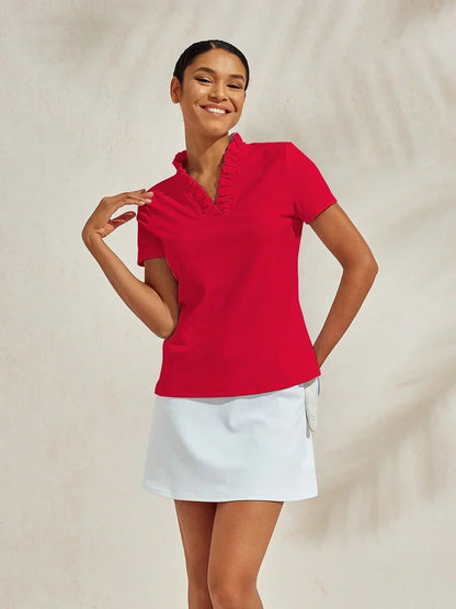 Haut polo à col en V à volants plus que basique UPF50+