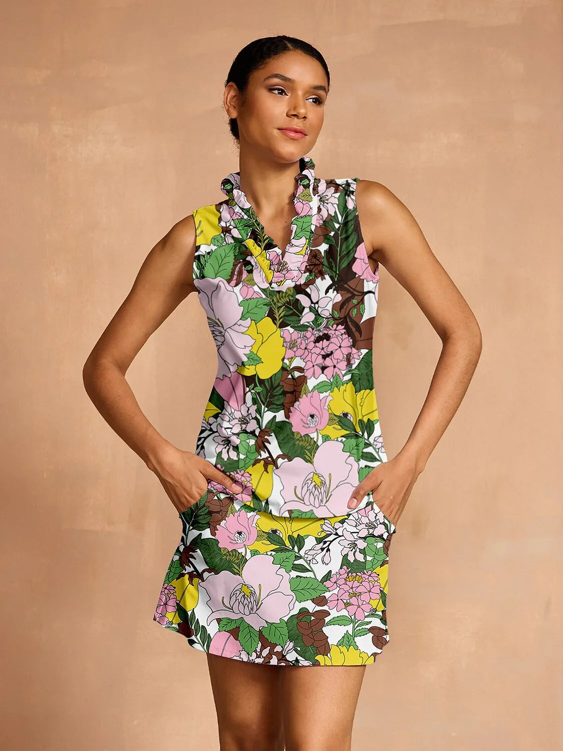 Botanical Energy ラッフルVネックタンクトップ UPF50+