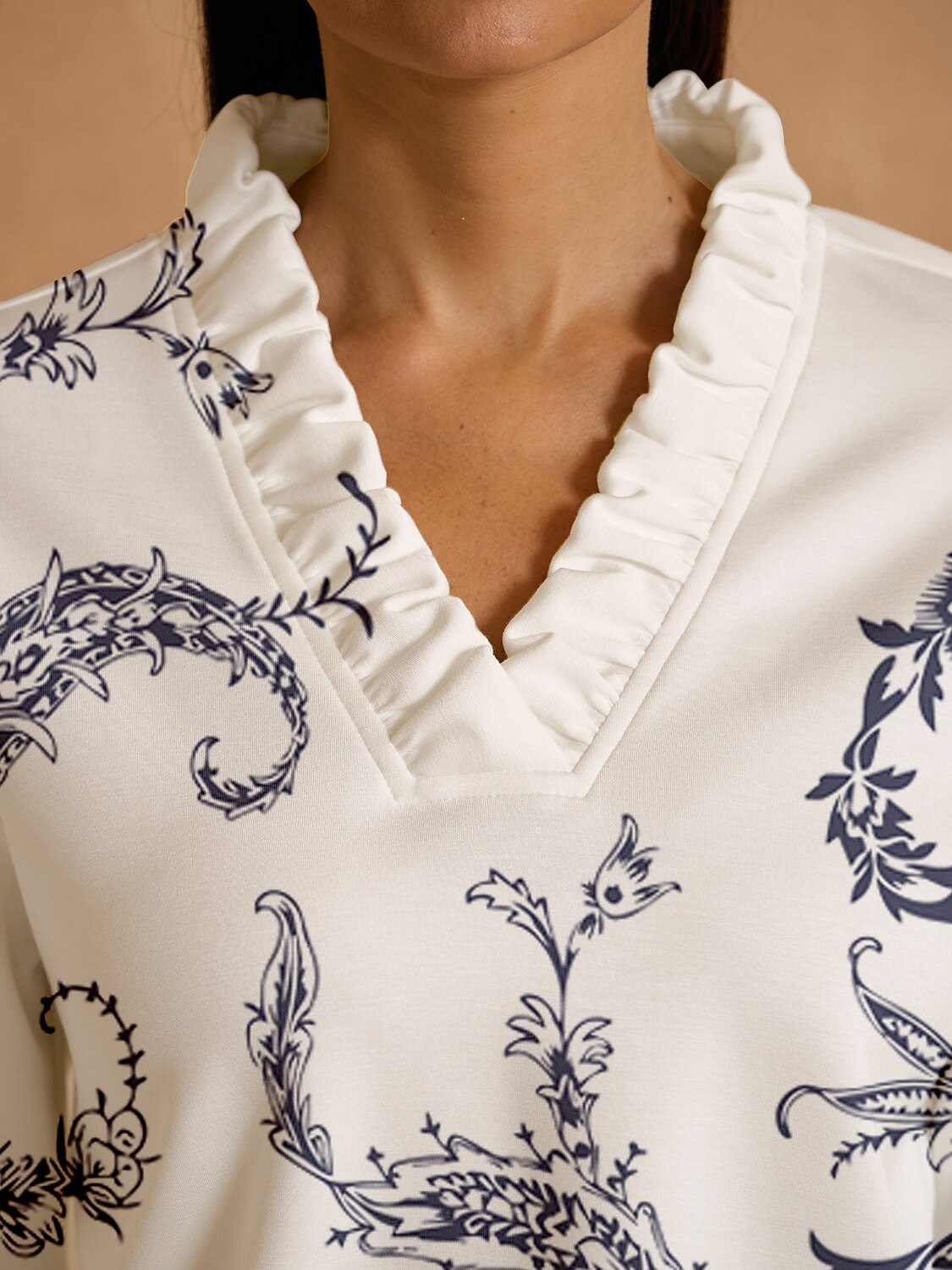 Botanical Energy Long Sleeve Ruffle V-Neck Sweatshirt
