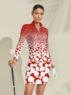 Woman in red and white patterned long sleeve golf polo and matching golf skirt.