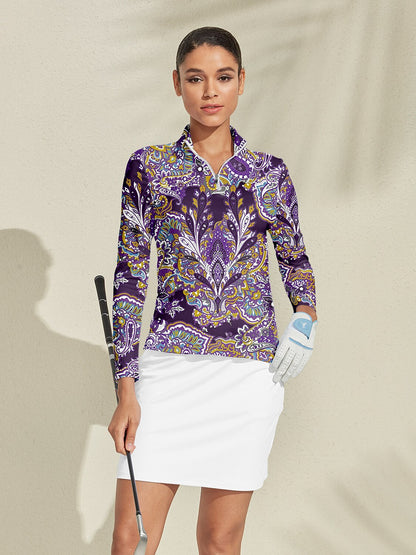 Paisley Polo Zip Femme Manche Longue UPF50+ Tenue Golf