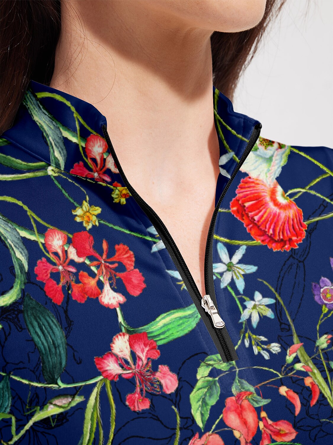 Langärmliges Damen Poloshirt mit UPF50+ und botanischem Reißverschluss
