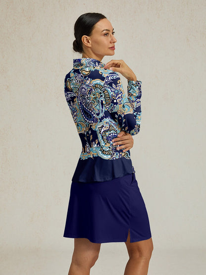 Pretty femenina blusa de golf de raso con volantes y cierre de cuarto UPF50+