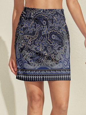 Women's blue paisley print golf skirt for performance on the course.