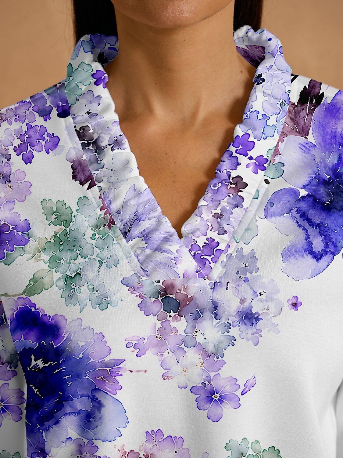 Botanical Energy Long Sleeve Ruffle V-Neck Sweatshirt