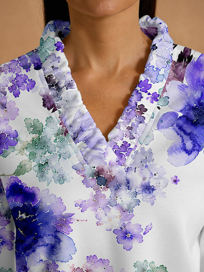 Botanical Energy Long Sleeve Ruffle V-Neck Sweatshirt