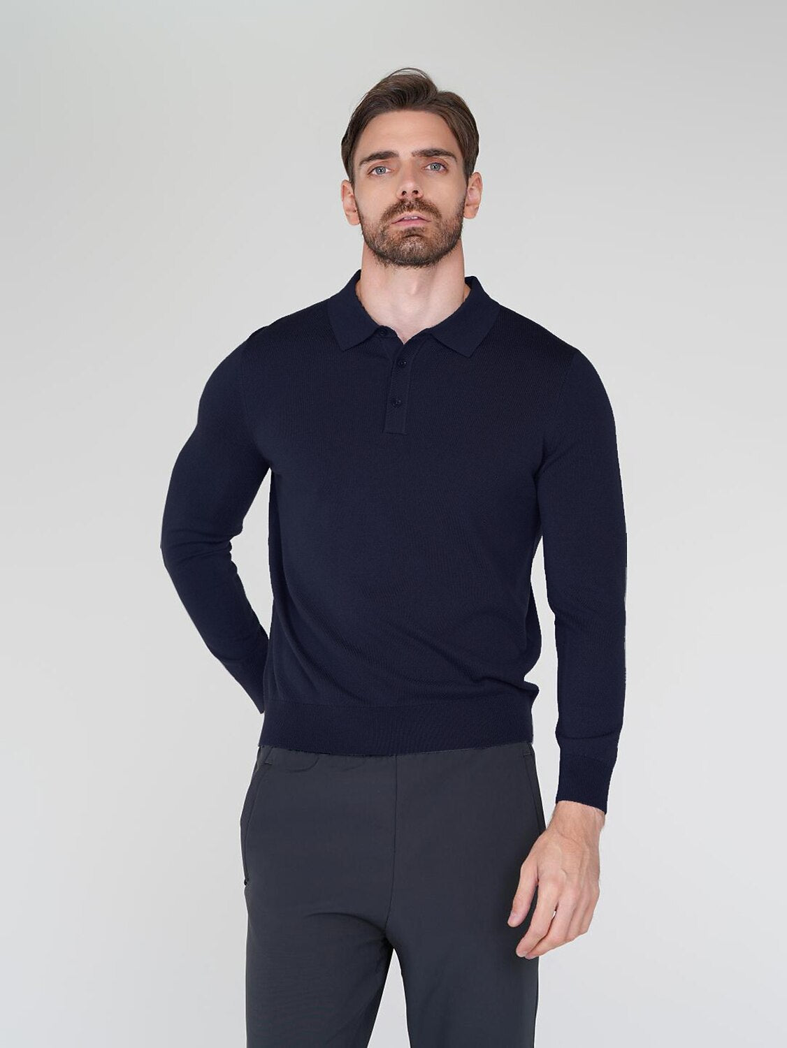 Aqua Wool Camisa Polo de Manga Larga para Hombre