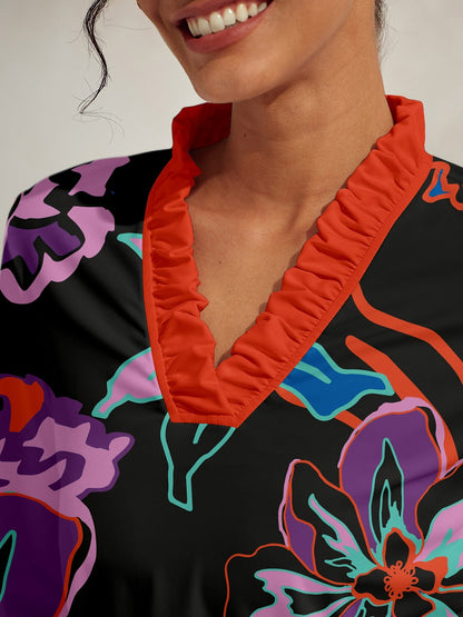 Botanische Energy Ruffle V-Hals Zijdeachtige Polo Top UPF50+