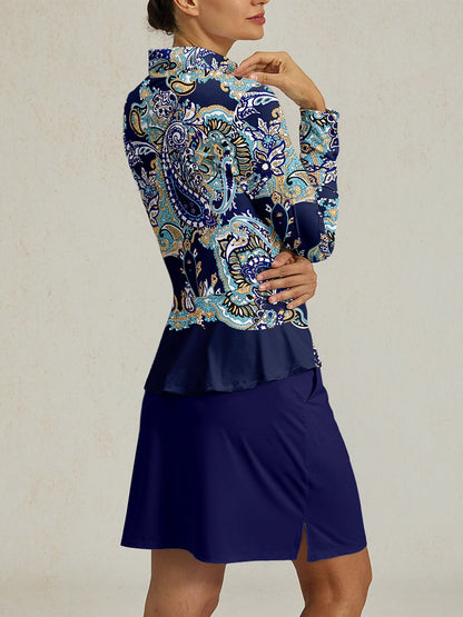 Pretty femenina blusa de golf de raso con volantes y cierre de cuarto UPF50+