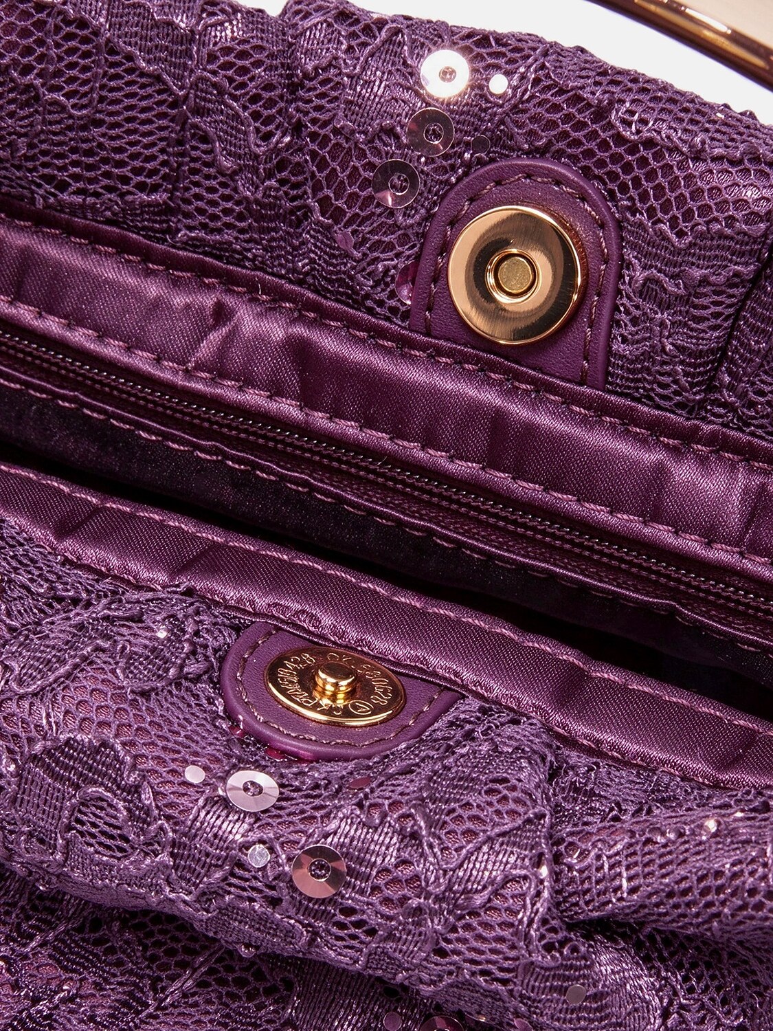 Borsa a mano Plum Shimmer con paillettes e pizzo