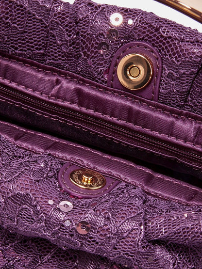 Borsa a mano Plum Shimmer con paillettes e pizzo