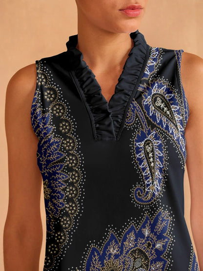 かわいらしいフェミニンなラッフルVネックタンクトップ UPF50+