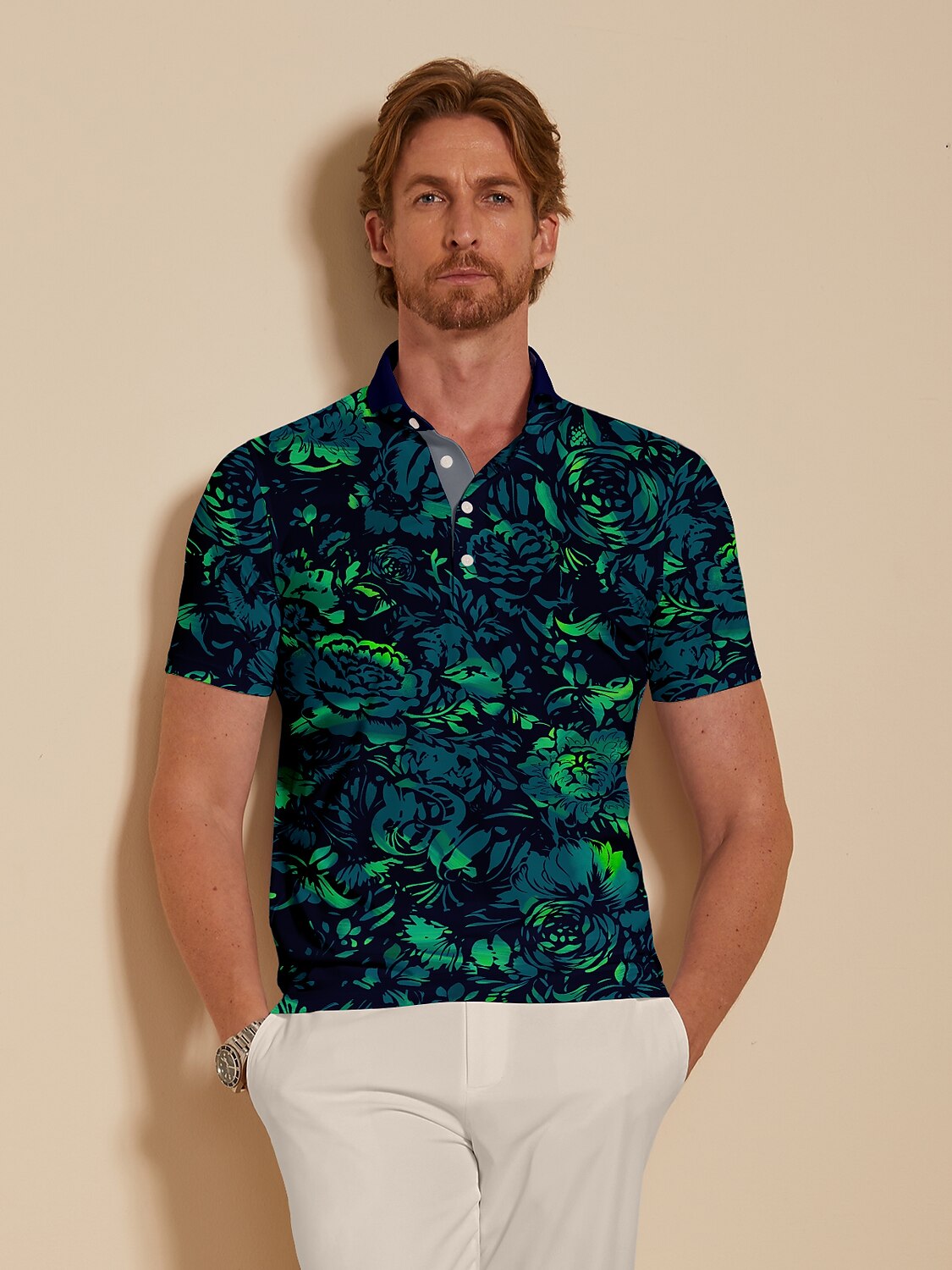 Hyped-up Tropical Men's Ribbed Collar Polo Top UPF50+