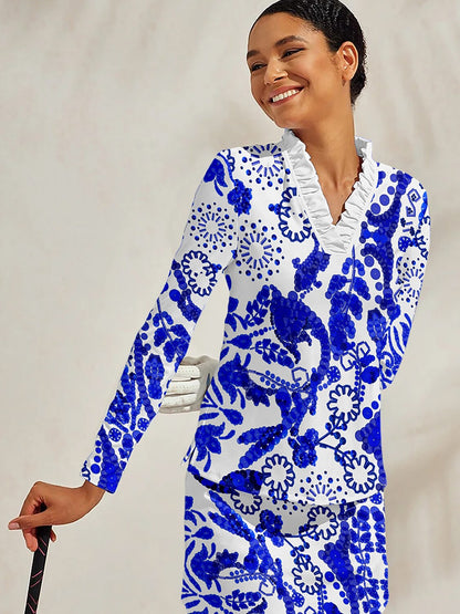 Pretty Feminine Ruffle V-Neck Silky Polo Top UPF50+