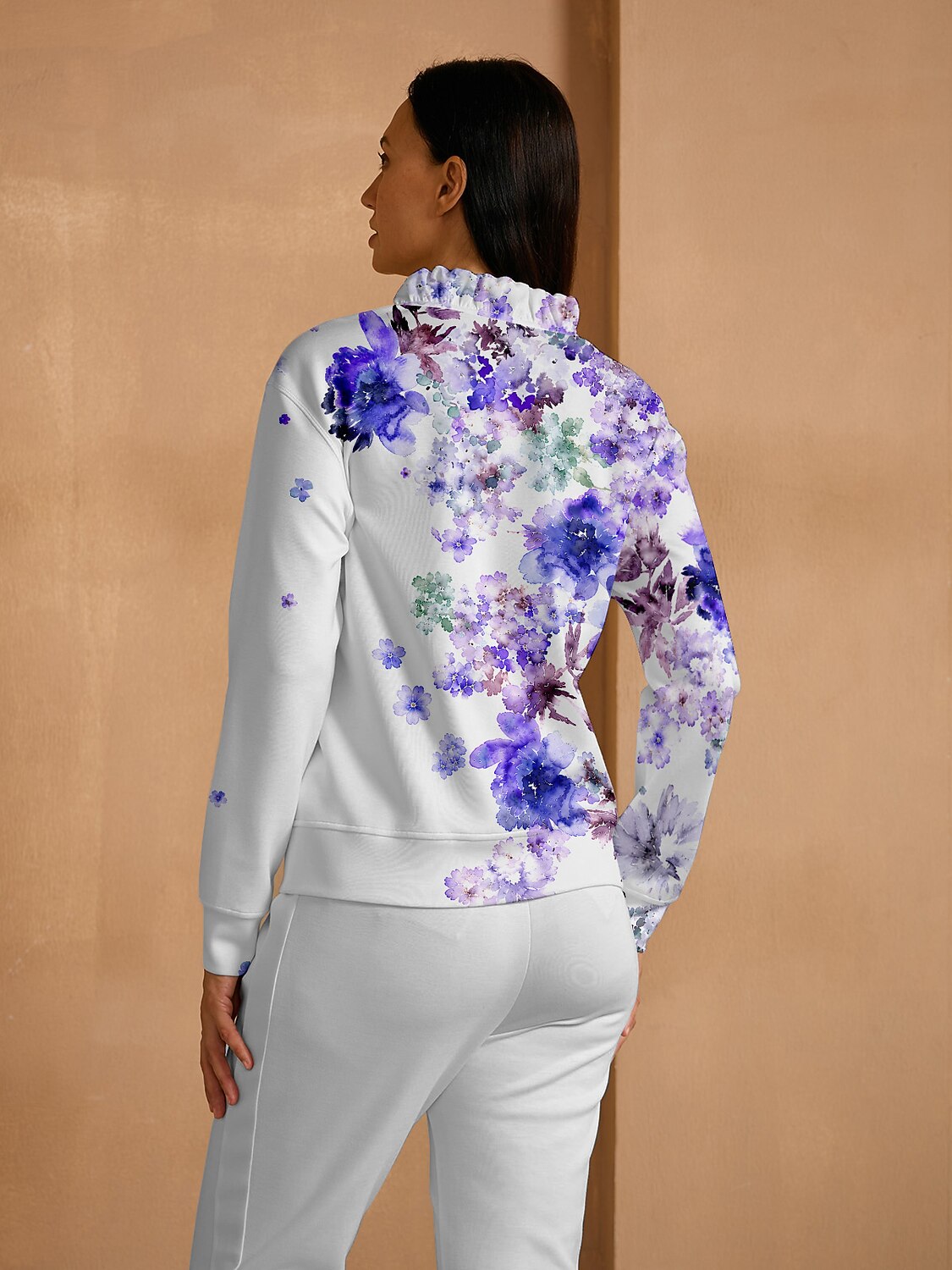 Botanical Energy Long Sleeve Ruffle V-Neck Sweatshirt