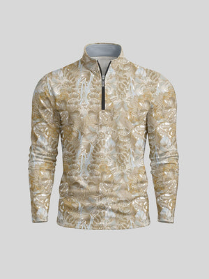Men's long-sleeve quarter-zip golf pullover with a gold and white floral pattern.
