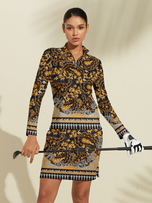 Elegante polo da golf femminile in seta con mezza zip e protezione UPF50+