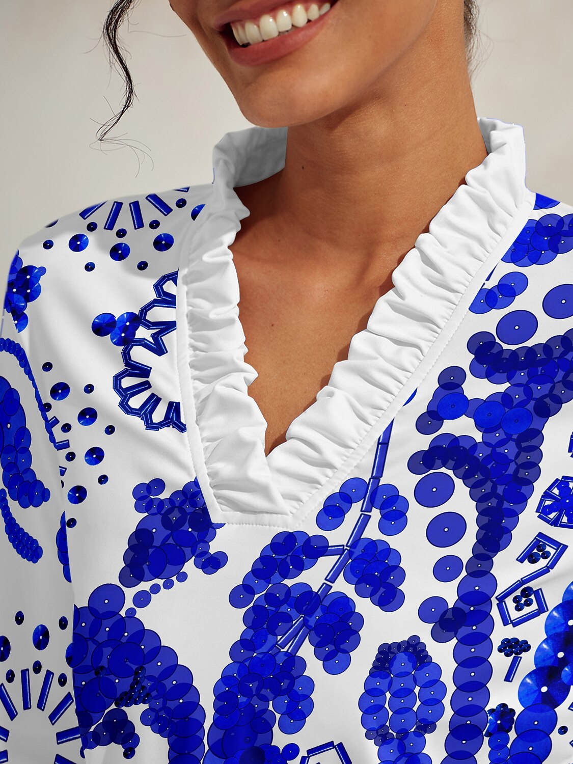 Pretty Feminine Ruffle V-Neck Silky Polo Top UPF50+