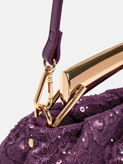 Borsa a mano Plum Shimmer con paillettes e pizzo