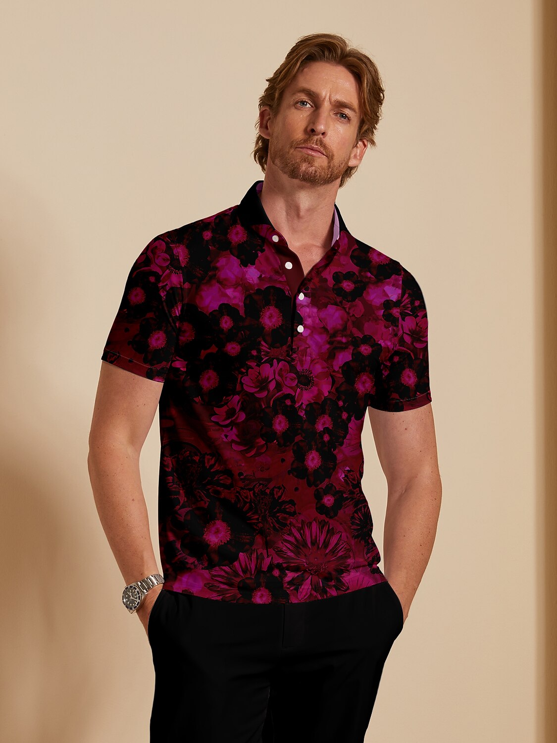 Hyped-up Tropical Men's Ribbed Collar Polo Top UPF50+