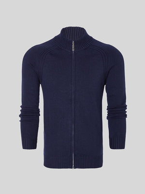 Navy blue full-zip knit golf sweater with ribbed collar and cuffs.