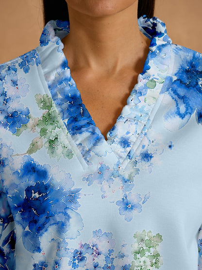 Botanical Energy Long Sleeve Ruffle V-Neck Sweatshirt
