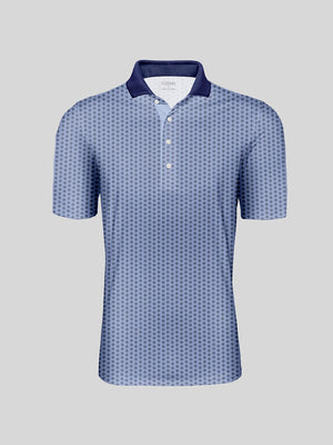 Men's short sleeve golf polo shirt in blue with a small geometric pattern and navy collar