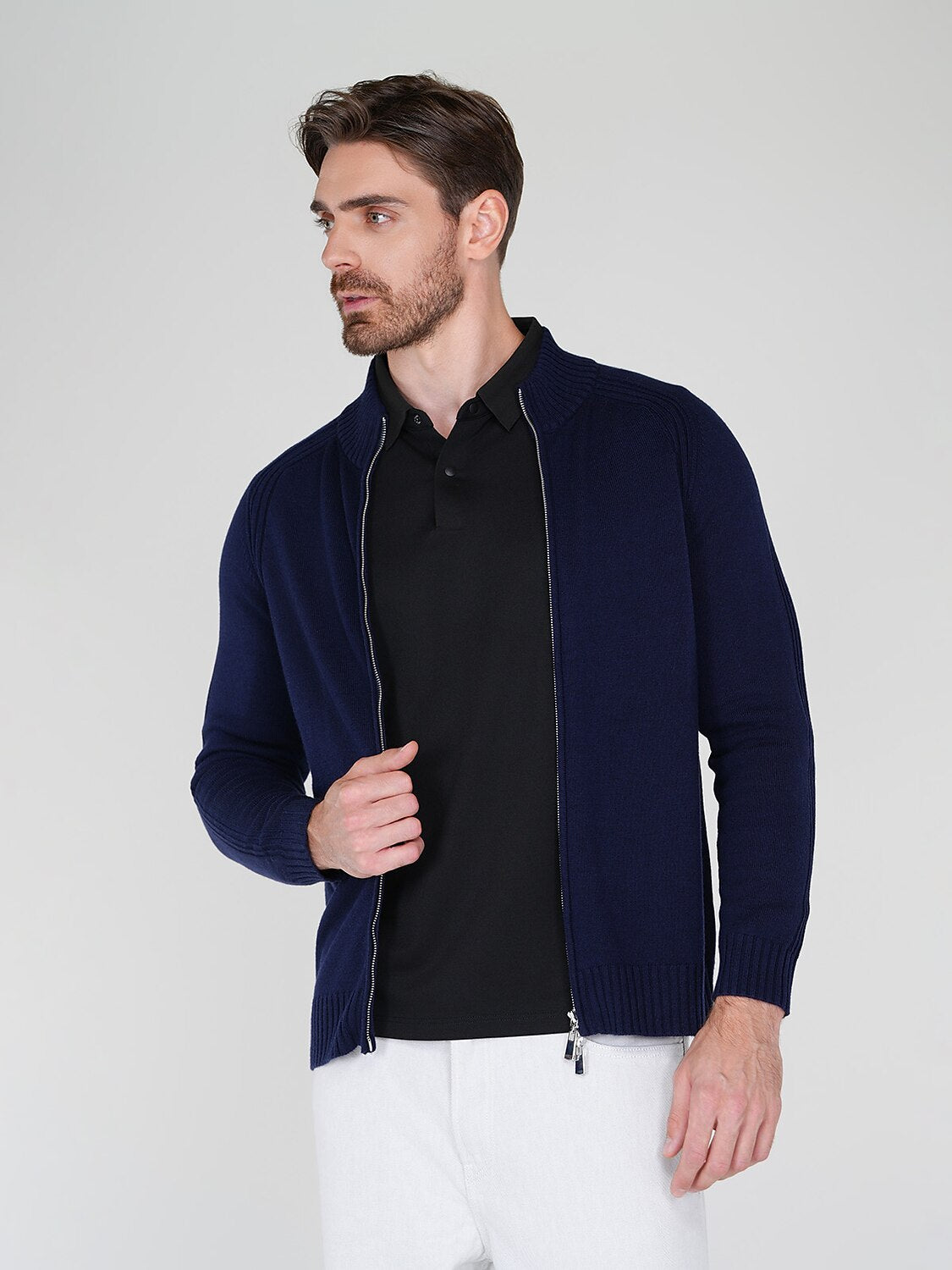 Aqua Wool Men's Dual-Zip Long Sleeve Sweater