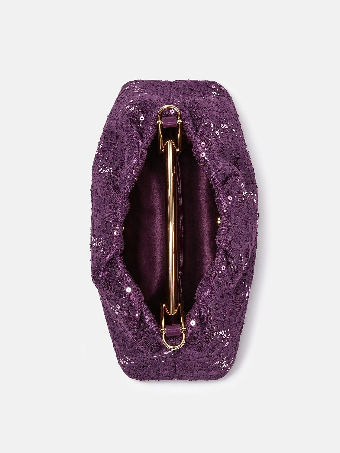 Borsa a mano Plum Shimmer con paillettes e pizzo