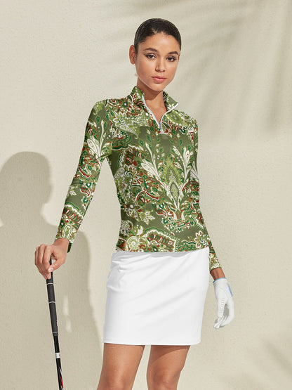 Paisley Polo Zip Femme Manche Longue UPF50+ Tenue Golf