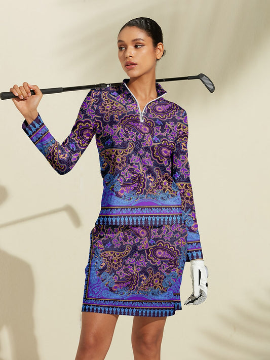 Elegante polo da golf femminile in seta con mezza zip e protezione UPF50+