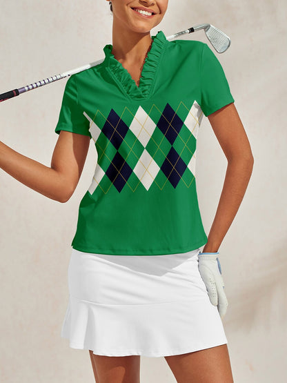 Top polo « Pas si classique » à col en V à volants UPF50+