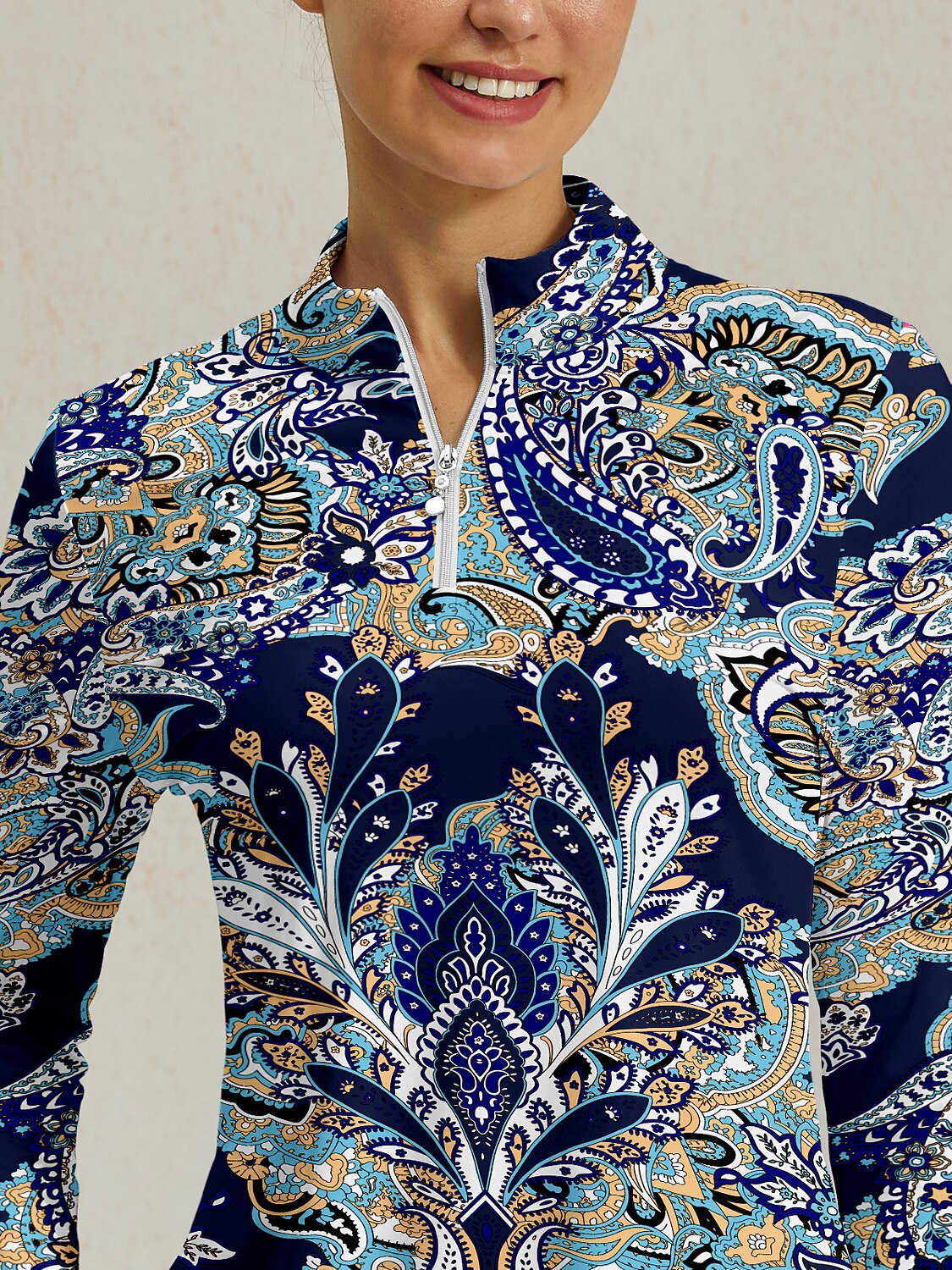 Pretty femenina blusa de golf de raso con volantes y cierre de cuarto UPF50+