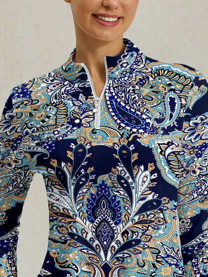 Pretty femenina blusa de golf de raso con volantes y cierre de cuarto UPF50+