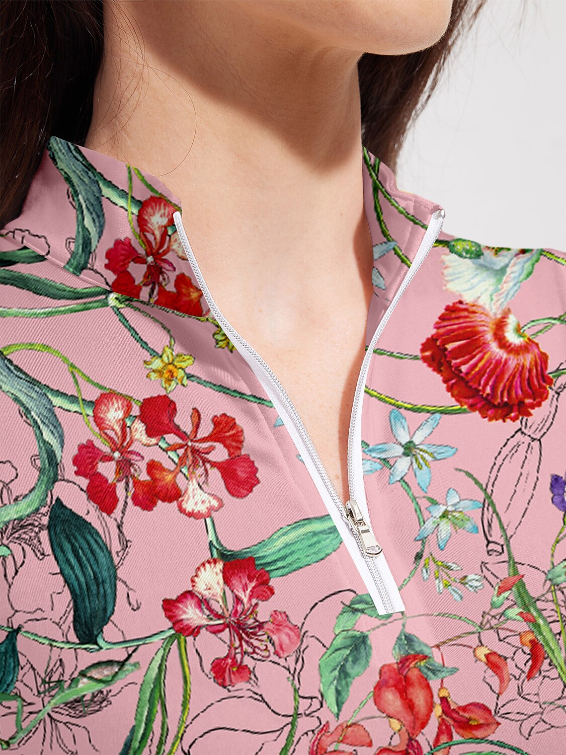 Langärmliges Damen Poloshirt mit UPF50+ und botanischem Reißverschluss