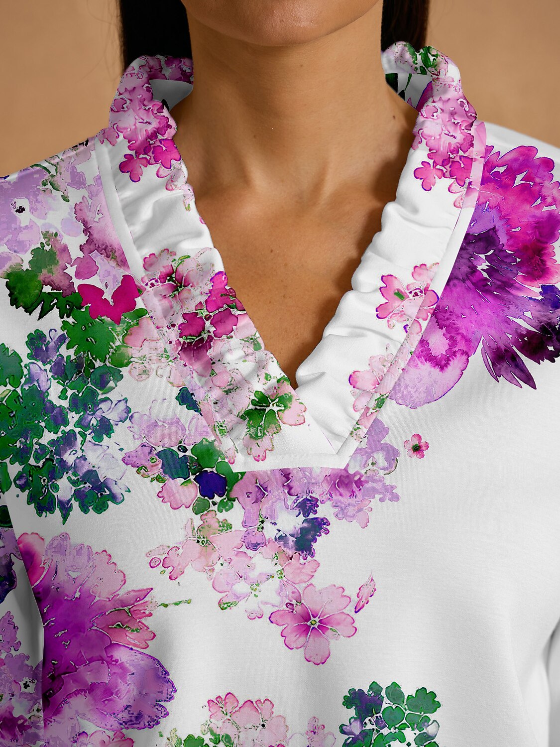 Botanical Energy Long Sleeve Ruffle V-Neck Sweatshirt