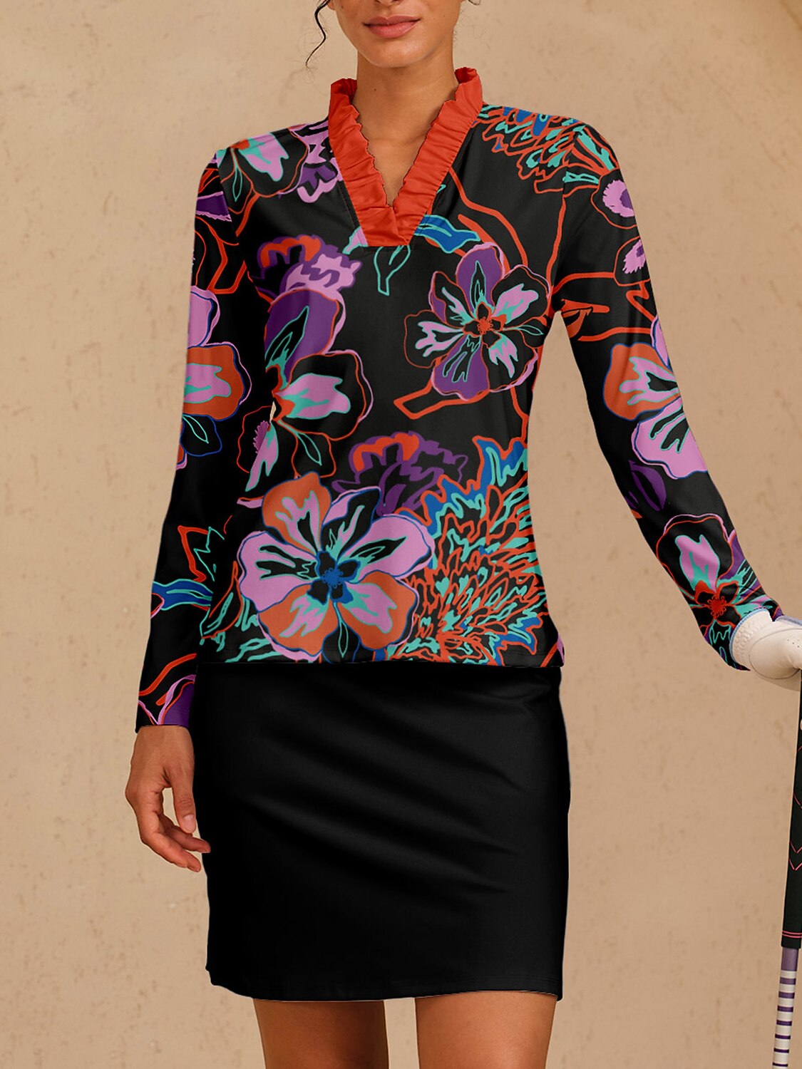 Botanische Energy Ruffle V-Hals Zijdeachtige Polo Top UPF50+